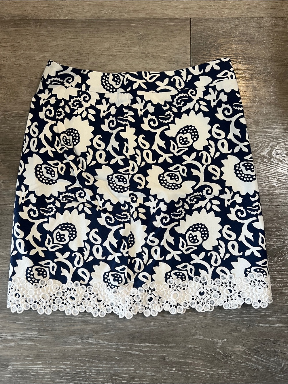 Talbots Navy and White Floral Pencil Skirt with Lace Hem